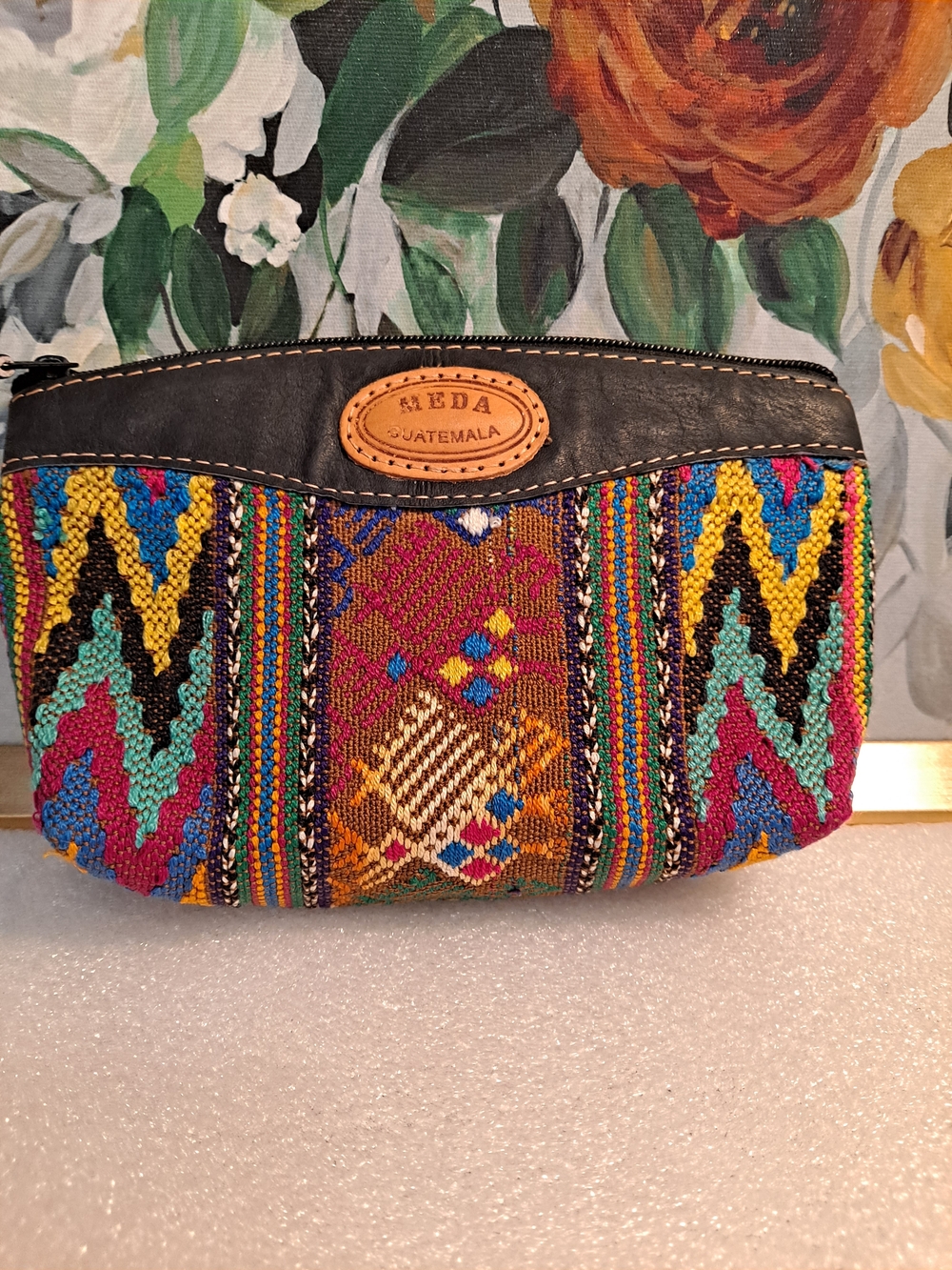 Handwoven Leather Canvas Multicolor Guatemalan Pouch Clutch by Meda